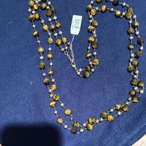 Ann Taylor Tiger Eye Beaded Long Necklace - Brown & Gold Accents